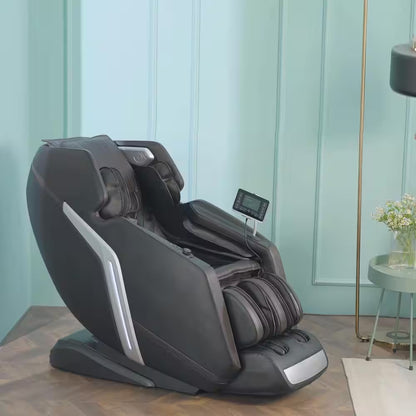 4D Deluxe Gray and Black Zero Gravity and Space Saving Faux Leather Heated Massage Chair with Sl-Track and Bluetooth — product view 12