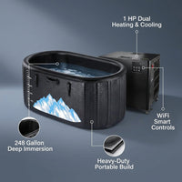 Cold Plunge Tub, 248 Gallon, 1 Horsepower, Heavy-Duty Ice Bath Tub for Athletes with Hot & Cold, Portable Inflatable Plunge Chiller with Water Treatment Kit, Immersion Therapy, Wifi (Black, 1 Set) — infographic