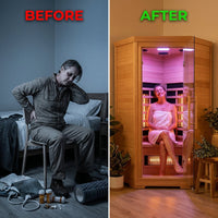 Multifunctional 2-3 Person Infrared Sauna for Home, 2180W Indoor Sauna with 7-Color LED Ambient Light, Red Light Feature, Oxygen Bar, Dual Bluetooth Speakers, 360° Surround Heating — Before & After