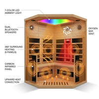 Multifunctional 2-3 Person Infrared Sauna for Home, 2180W Indoor Sauna with 7-Color LED Ambient Light, Red Light Feature, Oxygen Bar, Dual Bluetooth Speakers, 360° Surround Heating — How It Works