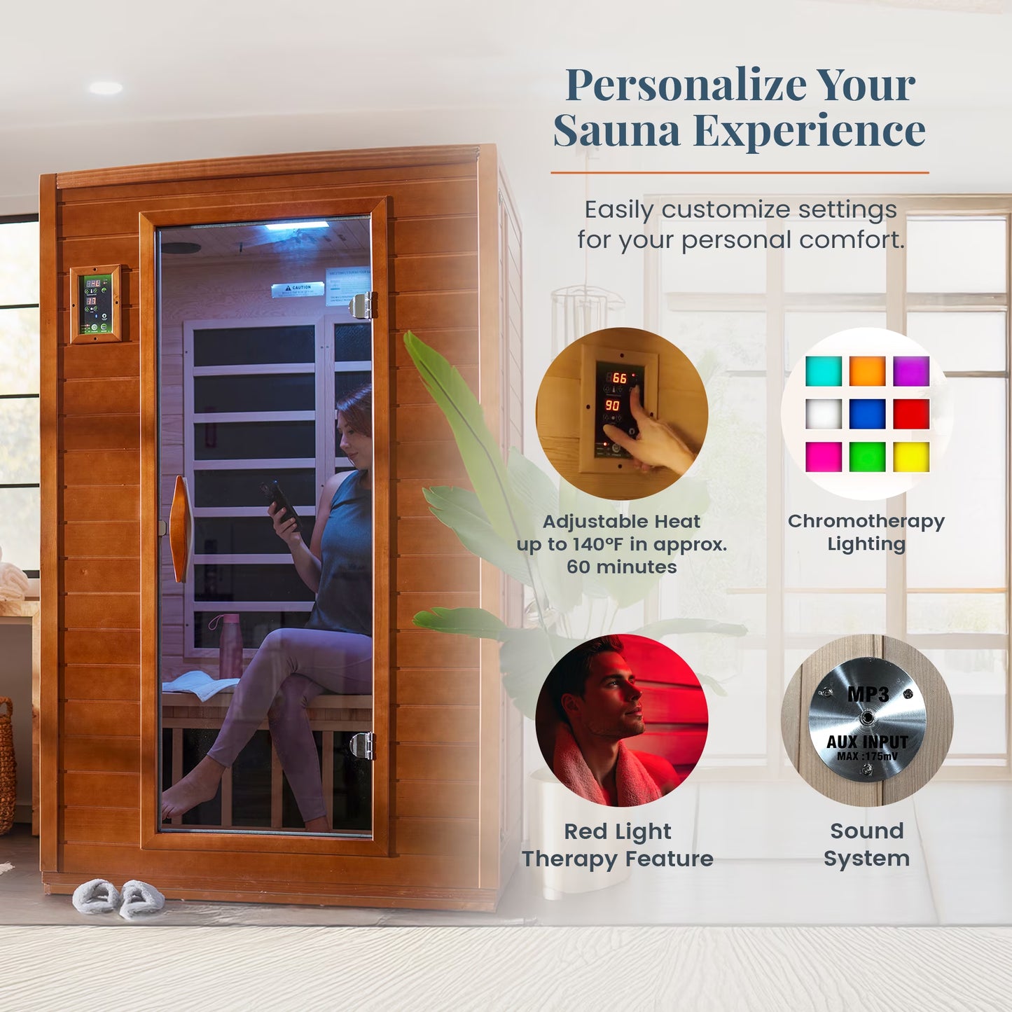 Andora 2-Person Low EMF FAR Infrared Sauna, Canadian Hemlock — product view 6
