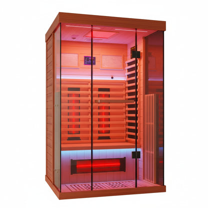 Full Spectrum Infrared Sauna，1-2 Person Home Sauna，Wooden Canadian Hemlock Indoor Spa Sauna with Resonance Speaker, Panoramic Tempered Glass Door