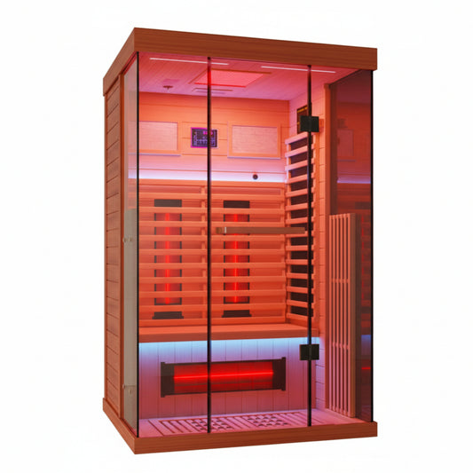 Full Spectrum Infrared Sauna，1-2 Person Home Sauna，Wooden Canadian Hemlock Indoor Spa Sauna with Resonance Speaker, Panoramic Tempered Glass Door