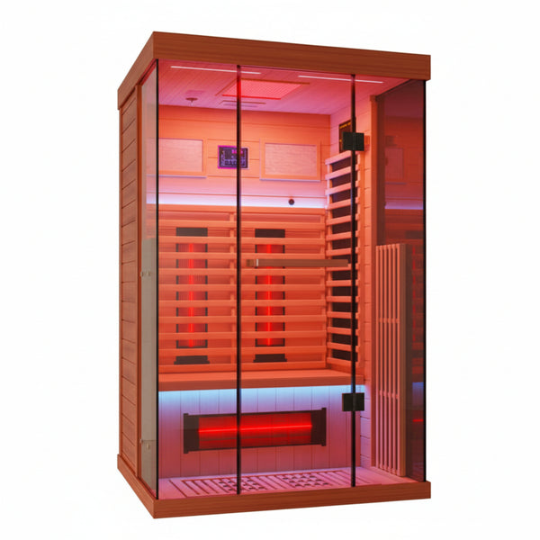 Full Spectrum Infrared Sauna，1-2 Person Home Sauna，Wooden Canadian Hemlock Indoor Spa Sauna with Resonance Speaker, Panoramic Tempered Glass Door