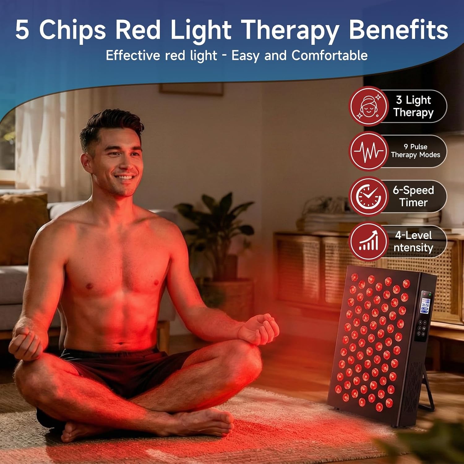 Red Light Therapy Box, 5In1 LED with 630-660-810-830-850, Metal Case, 3 Modes Red Light Panel with Soft Belt, 6 Timing Set - 9 Pulse Modes - 4-Level - Red Light Therapy Panel for Body — product view 3